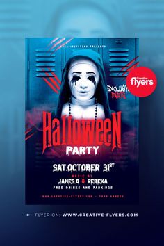 a halloween party flyer with an image of a woman's face on the front