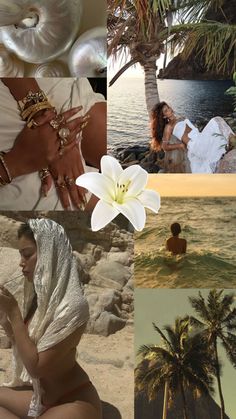 a collage of photos with women in white clothing and palm trees on the beach