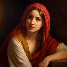 a painting of a woman wearing a red shawl over her head and looking off into the distance