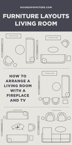 5 furniture layouts for a living room with a fireplace and television. Rectangle Living Room, Fireplaces Layout, Family Room Layout, Fireplace Furniture, Long Living Room