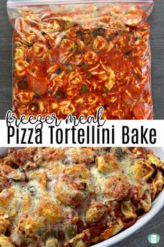 this is an image of pizza tortellini bake in the oven and then baked