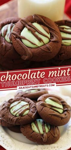 chocolate mint thumb cookies on a plate next to a glass of milk