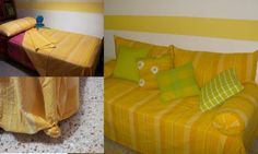 three different pictures of a yellow couch with pillows on it and a bed in the background