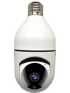 a camera that is sitting on top of a white surface with a light bulb attached to it