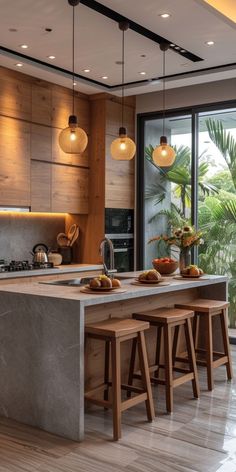 Kitchen modern klasik dengan sentuhan kayu Luxurious Kitchen Ideas, Counter Top Aesthetic, Nature Inspired Home Design, Contemporary Rustic Kitchen, Dapur Skandinavia, Wooden Kitchen Island, Kitchen Island Counter, Amazing Kitchens, Model Dapur