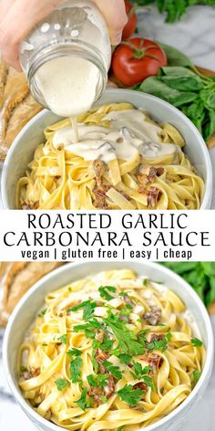 roasted garlic and carbonara sauce in a white bowl