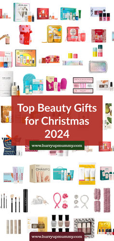 A vibrant collage of beauty products arranged as part of a holiday gift guide, highlighting top beauty gifts for the Christmas season. Beauty Gift Ideas, Christmas Wish List, Gift Ideas Christmas, Makeup Lovers, Skincare And Makeup, Christmas Wish