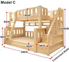 bunk bed with stairs and storage compartment for children's bedroom or playroom, size guide