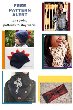 four different patterns for hats and scarves with the text free pattern alert ten sewing patterns to stay warm