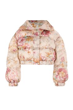 The Yorkshire City Marshmallow Puffer is a decadent hug of a jacket, cropped perfectly to your true waist and made of silk. As puffy as a Lucky Charms marshmallow, this jacket’s extravagant tall collar zips above the mouth to protect you from the cold. A tender bouquet blooms on this print, inspired by the stunning cou Selkie Coat, Yorkshire City, Brontë Sisters, Lucky Charms Marshmallows, Silk Dressing Gown, Northern England, Cropped Puffer Jacket, Gothic Romance, Puff Dress