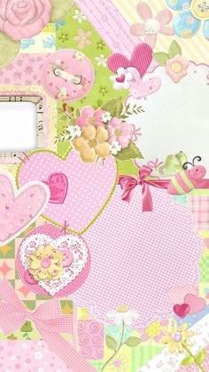 a pink and green wallpaper with hearts, flowers and other things on it's side