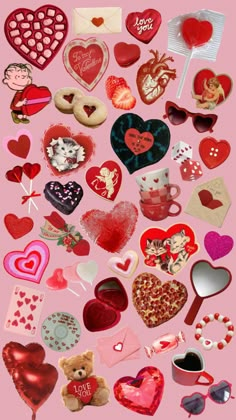 many different types of heart shaped magnets on a pink background