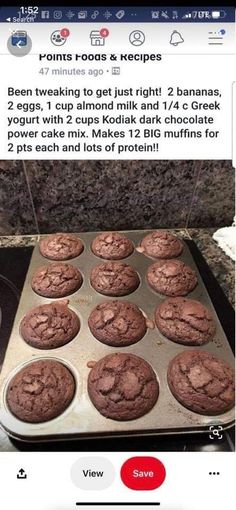 a pan filled with chocolate cupcakes sitting on top of a counter