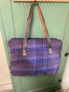 Prewashed vintage tweed wool purse tote handmade    By Angie.  Purple and blue plaid with top zipper and leather handles.  Pockets inside and lots of room. 16" x 14" bag size. Wool Tote Bag For Travel, Rectangular Wool Shoulder Bag For Travel, Wool Rectangular Shoulder Bag For Travel, Rectangular Wool Travel Bag, Wool Purse, Top Handle Bags, Leather Handles, Wool Plaid, Blue Plaid