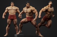 three male bodybuildes in red trunks and no shirt, standing on a black background