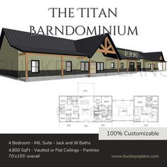 the titan barndominium is shown with floor plans for each room and two bathrooms