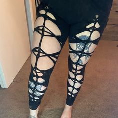 Super Cute & Comfortable Weaved Leggings Black Stretch Pants For Festival, Edgy Black Leggings For Festival, Black Stretch Leggings For Festivals, Festival Stretch Black Leggings, Black Stretch Festival Leggings, Diy Leggings, Upcycle Shirt, Cut Clothes, Colorful Leggings