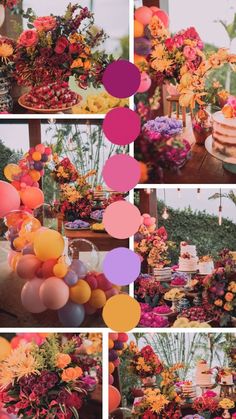 a collage of photos with flowers, cake and desserts on it's table