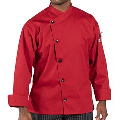 Dress your chefs in the best with this Uncommon Chef Rio 0482 unisex red customizable long sleeve chef coat. Made from a 7.5 oz. 65/35 poly-cotton twill, this jacket is lightweight, looks professional, and is durable enough to stand up to any food service environment. Each jacket has full-length sleeves with finished cuffs for a sleek, professional look. Plus, it features a utility shoulder pocket on one sleeve of the jacket that is the perfect spot for storing thermometers or pens.    With its Chef Coat, Professional Presentation, Black Button, Professional Look, Asymmetrical Design, Cotton Twill, Chef's Jackets, Length Sleeve, Full Length