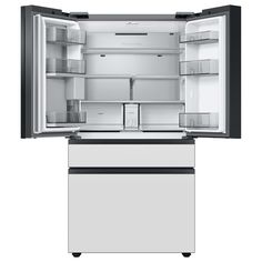 an open refrigerator with its doors wide open and no ice maker on the bottom shelf