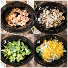 four pictures showing the steps to make broccoli and chicken casserole in slow cookers