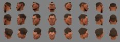 an animation character's head with various facial expressions and haircuts on it