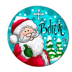 a cartoon santa clause holding a bell in his right hand and the words believe on it