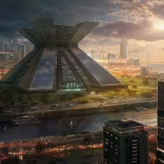 an artistic rendering of a futuristic building in the middle of a city at sunset or sunrise