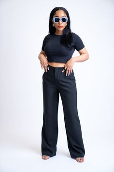 Elevate your outfit with these trousers that exude both comfort and style. Perfectly designed to complement your favorite tops, they are a must-have addition to your wardrobe. Wear with a heel or flats to dress them up, or wear sneakers to dress them down. FEATURES Zipper and button closure Functional belt loops Front pockets Front and back waist pleating High Waist SIZE & FIT Model is wearing a size: Small. Relaxed fit. DETAILS 77% Polyester, 20% Rayon, 3% Spandex CARE Hand wash cold; do not bl Casual Black Dress Pants For Night Out, Casual Straight Leg Dress Pants For Night Out, Elevate Your Outfit, Denim Sweater, Sweater Blazer, Fit Details, Pants Large, Jogger Set, Your Outfit