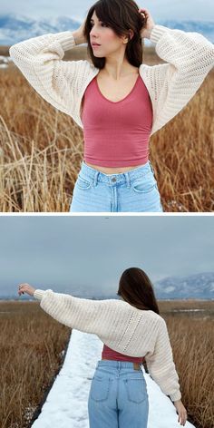 two pictures of a woman standing in the snow with her arms behind her head and hands on her hair