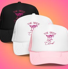 Introducing our Bachelorette Party Trucker Hat, the ultimate wedding celebration gear for the bride club and her tribe. This versatile bride tribe cap serves as both a stylish beach and bar hopping accessory, making it the perfect bridal gift and hen party favor for all your pre-wedding festivities. Trendy and Fun Bachelorette Party Trucker Hats for the Bride Squad Features "THE BRIDE CLUB" text and a chic cocktail glass graphic for a festive touch Available in three stylish color options: black with pink text, all white, and white with pink brim Made of durable polyester material, ideal for outdoor activities and all-day wear Perfect for group photos, beach outings, bar hopping, and casual wedding-related events Sold individually, allowing flexibility for brides and bridesmaids to choose Gold Balloons Decorations, Hen Party Favours, Bar Hopping, Awesome Bachelorette Party, Wedding Festivities, Birthday Party Balloon, Beach Bar, Bride Squad, Bachelorette Party Decorations