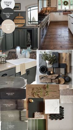 a collage of different kitchen cabinets and countertops in various shades of gray, green, white, and brown