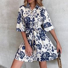 Zara The Lory Dress Floral Print Belted Button Down Mini In Navy Cream. Perfect For Next Brunch Date Or Festival. Pair With Leggings Or Tights And Boots For An All Year Around Look. 100% Cotton - Machine Wash Cold 5216/061 - Floral Print Belted Shirt Dress - Full Button Front - 3/4 Length Cuffed Sleeves - Removable Waist Tie - Pointed Collar - Unlined - Lightweight Non-Stretch Knit Fabric. Size Xxl. (Fits Like A Large, Size 14) Tags Off But Never Worn. Cheap Summer Dresses, Women's A Line Dresses, Tie Shirt, Split Maxi Dress, Clubwear Dresses, Fringe Dress, Hippie Dresses, Vintage Maxi Dress, Navy Fashion