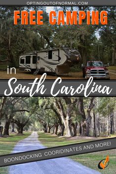 an rv park with trees and cars in the background text reads free camping in south carolina boonlocking coordinates and more