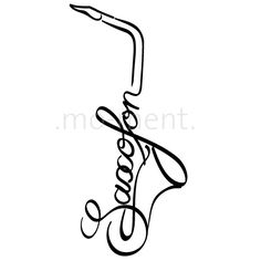 a black and white drawing of a saxophone with the word jazz written in cursive writing