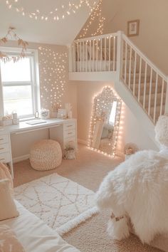 a bedroom with white furniture and lights on the ceiling, stairs leading up to a window