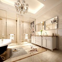 an elegant bathroom with chandelier, tub and sink