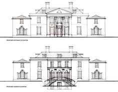 two architectural drawings of the front and back of a house