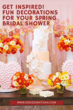 an advertisement for a bridal shower with flowers on the table and in front of it