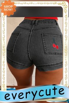 New Cherry Embroidery Summer Short Jeans Women's Fashion Slim Fit Denim Shorts Trendy High-waisted Embroidered Bottoms, Casual Embroidered Jean Shorts, Embroidered Mid-rise Jean Shorts For Summer, Casual High Waist Embroidered Jean Shorts, Casual Embroidered High-waist Jean Shorts, Trendy Embroidered Jean Shorts, Casual High-waist Embroidered Jean Shorts, Trendy Embroidered Short Shorts, Trendy Embroidered Shorts