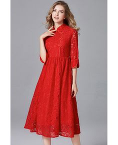 Get 10% off now! Buy l-5xl red lace chipao midi dress with collar at cheap price online. Free stable shipping and pro custom service since 2009. Red Short-sleeved Lace Dress, Red Stand Collar Dress For Spring, Red Lace Midi Dress With Short Sleeves, Red Summer Dress With Stand Collar, Red Lace Midi Dress For Summer, Red Short Sleeve Midi Dress For Wedding, Red Lace Knee-length Dress For Spring, Red Knee-length Lace Dress For Spring, Red Knee-length Lace Dress For Formal Occasions