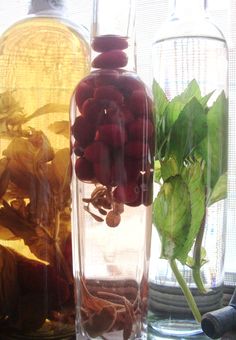 two vases filled with flowers and plants next to each other