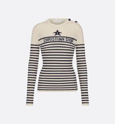 Part of the Dioriviera capsule collection, the cotton ribbed knit sweater is adorned with the timeless ecru and navy blue Dior Marinière motif. It showcases the House star symbol, as well as a jacquard Christian Dior signature. The style is distinguished by a round neck and button placket on the shoulder with anchor-engraved buttons. The sweater can complete other Dioriviera creations to complete the look.. 46 Ski Fits, Dior Sweater, Blue Dior, Denim Swimsuit, Star Symbol, House Star, Dior Star, Christian Dior Couture, Short Denim