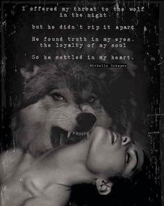 a woman with her mouth open next to a wolf's face and the words, i