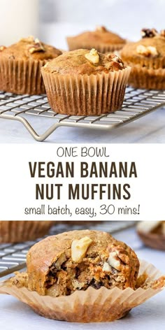 a muffin is on a cooling rack with the words vegan banana nut muffins