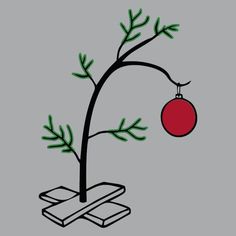 a small christmas tree with a red ornament hanging from it's branch