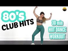 a woman is dancing in front of a wall with the words 80s's club hits