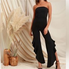 Nwt Black Lulus Jumpsuit Size Small Flirty Strapless Jumpsuits For Date Night, Flirty Strapless Jumpsuits And Rompers For Date Night, Elegant Strapless Sleeveless Jumpsuit With Ruffles, Strapless Sleeveless Ruffles Jumpsuit For Date Night, Party Jumpsuits And Rompers With Ruffles, Fitted Sleeveless Strapless Jumpsuit With Ruffles, Fitted Strapless Sleeveless Jumpsuit With Ruffles, Fitted Strapless Flirty Jumpsuits And Rompers, Flirty Strapless Fitted Jumpsuits And Rompers