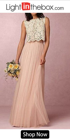 A-Line Bridesmaid Dress Jewel Neck Sleeveless Two Piece Floor Length Chiffon / Lace with Pleats 2022 Chic Pink Wedding Skirt, Bridesmaid Separates, Bhldn Bridesmaid, Gonna In Tulle, Wedding Dresses Blush, Lace Bridesmaids, Bridal Separates, Pink Bridesmaid Dresses, Lace Bridesmaid Dresses