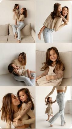 a collage of photos with two women and a baby on the couch, one holding her mother's head